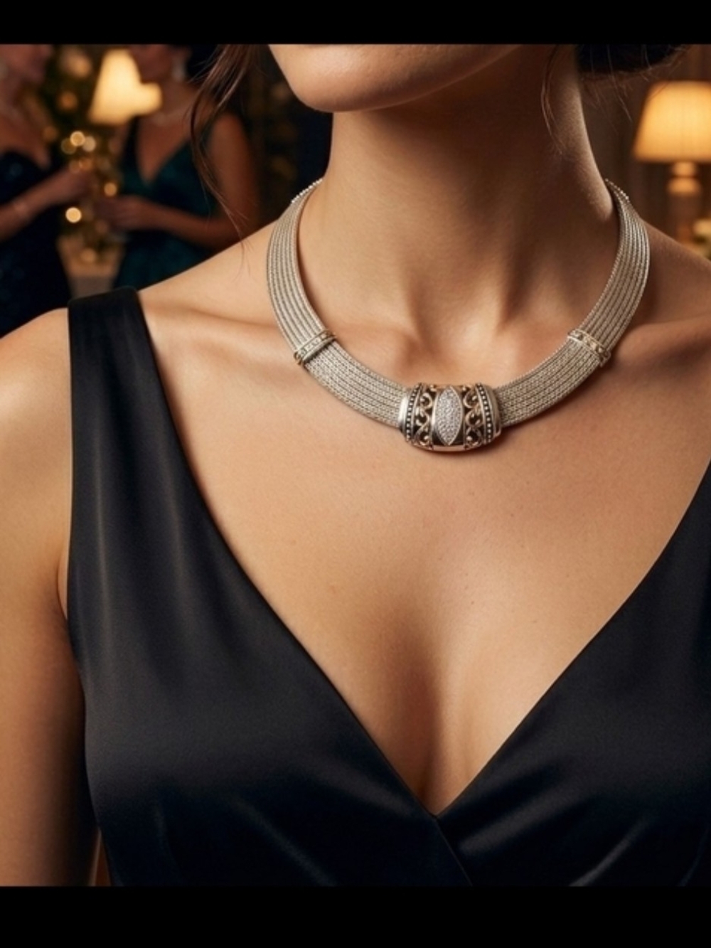 925 Multi-Strand Woven Choker Necklace with Ornate Diamond And 14k Centerpiece